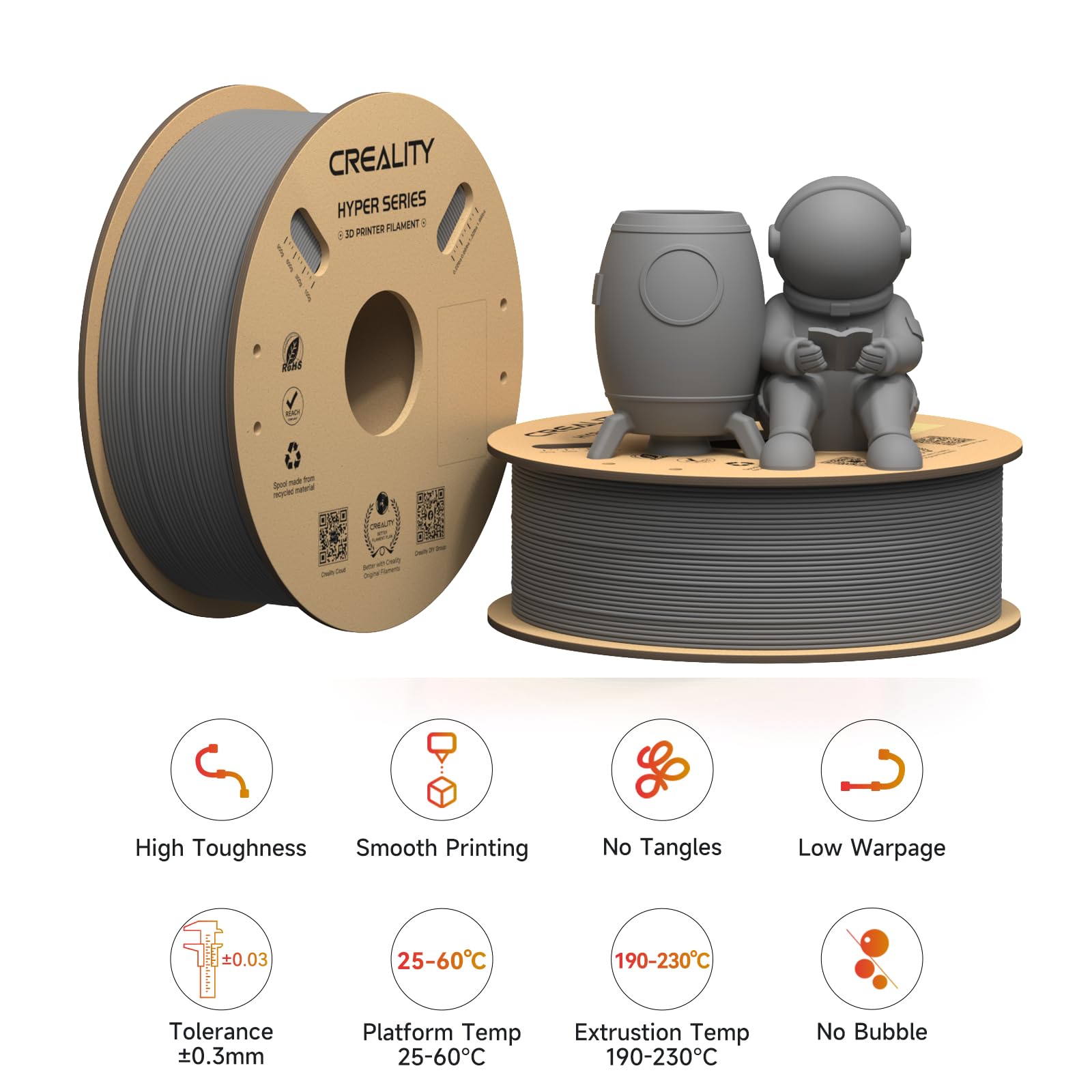 Creality Hyper ABS Filament, Official 3D Printer Filament ABS 1.75mm for Up to 300mm/s High-Speed Printing Convenient Open Printing Material, 1kg(2.2lbs) Spool Fit Most 3D Printer(Black)