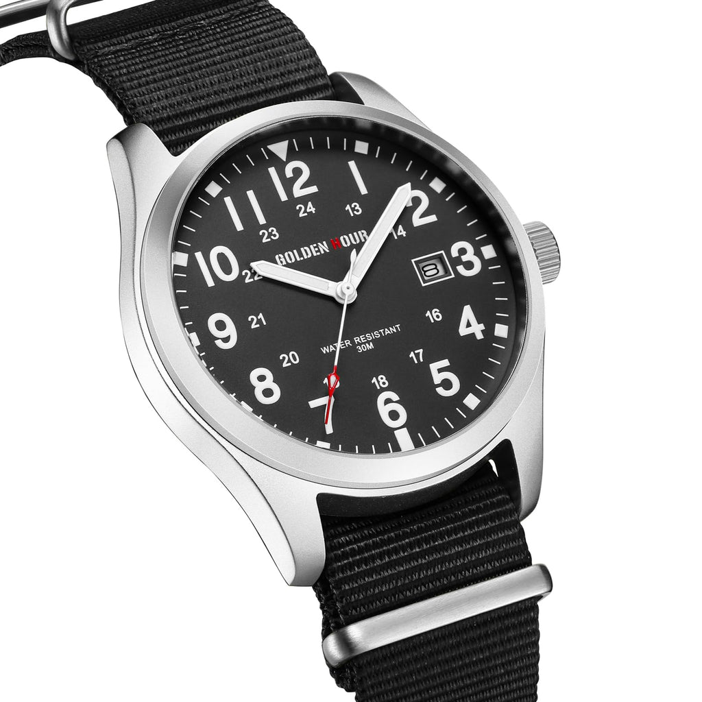 GOLDEN HOUR Men's Nylon Slip-Thru Strap Watch with Military Time Easy Read Dial Glowing Hands