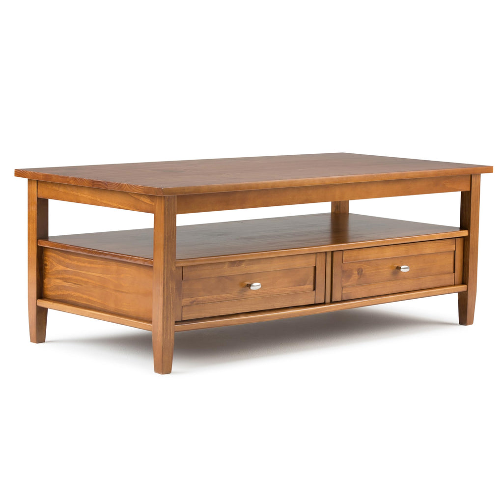 SIMPLIHOME Warm Shaker Coffee Table - 48 inch Wide Solid Wood Coffee Table in Black, Transitional Living Room Table with 2 Drawers, Open Shelf, Shaker Fronts and Tapered Legs