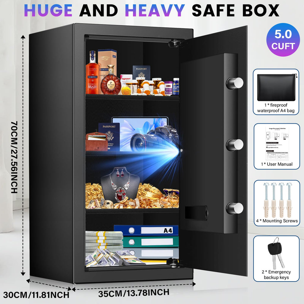 Home Safe Box, Safes with Fireproof Waterproof Bag, 9.84'' H Anti-Theft Digital Security Lock Box with Smart Alert System, Removable Shelf, Mute Function, Document Safes for Jewelry