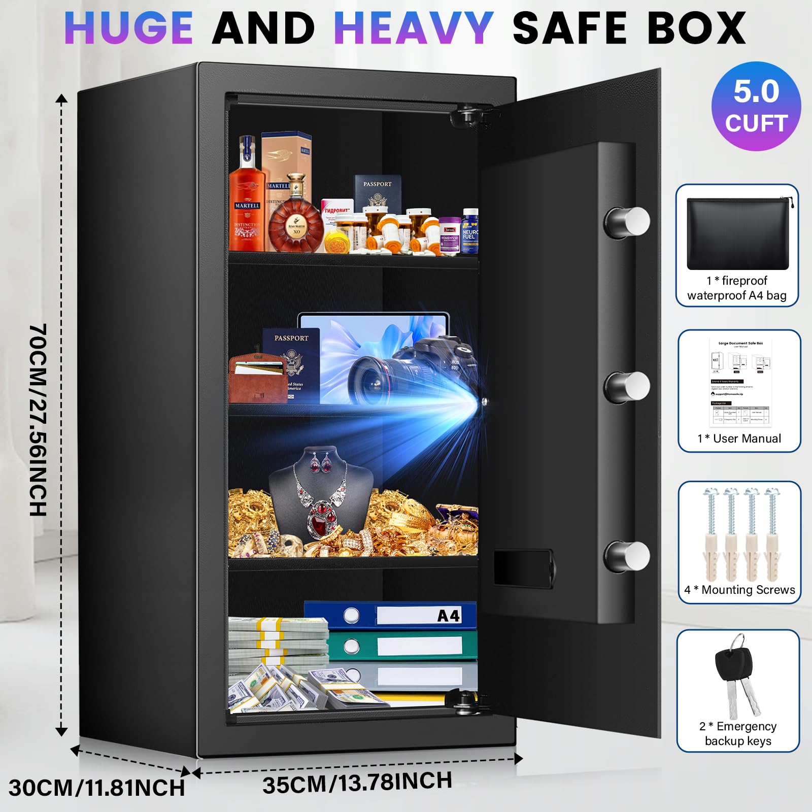 Home Safe Box, Safes with Fireproof Waterproof Bag, 9.84'' H Anti-Theft Digital Security Lock Box with Smart Alert System, Removable Shelf, Mute Function, Document Safes for Jewelry