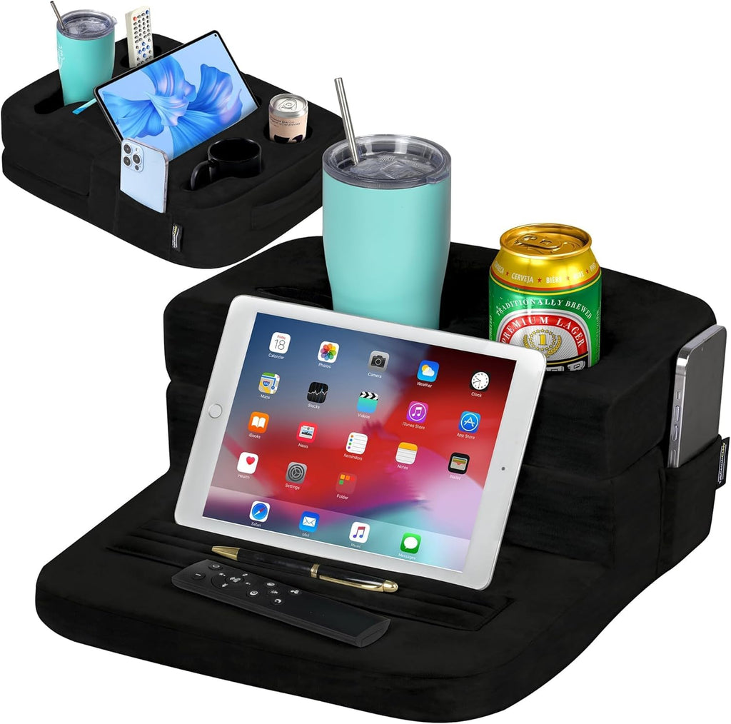 TabCouchCaddy - Couch Cup Holder Tray Pillow - Bed, Couch Caddy, Sofa, RV & Car - Holds Drinks, Snacks, Remotes, Phones, Kindle, Tablet | Bed Cup Holder (Beige)