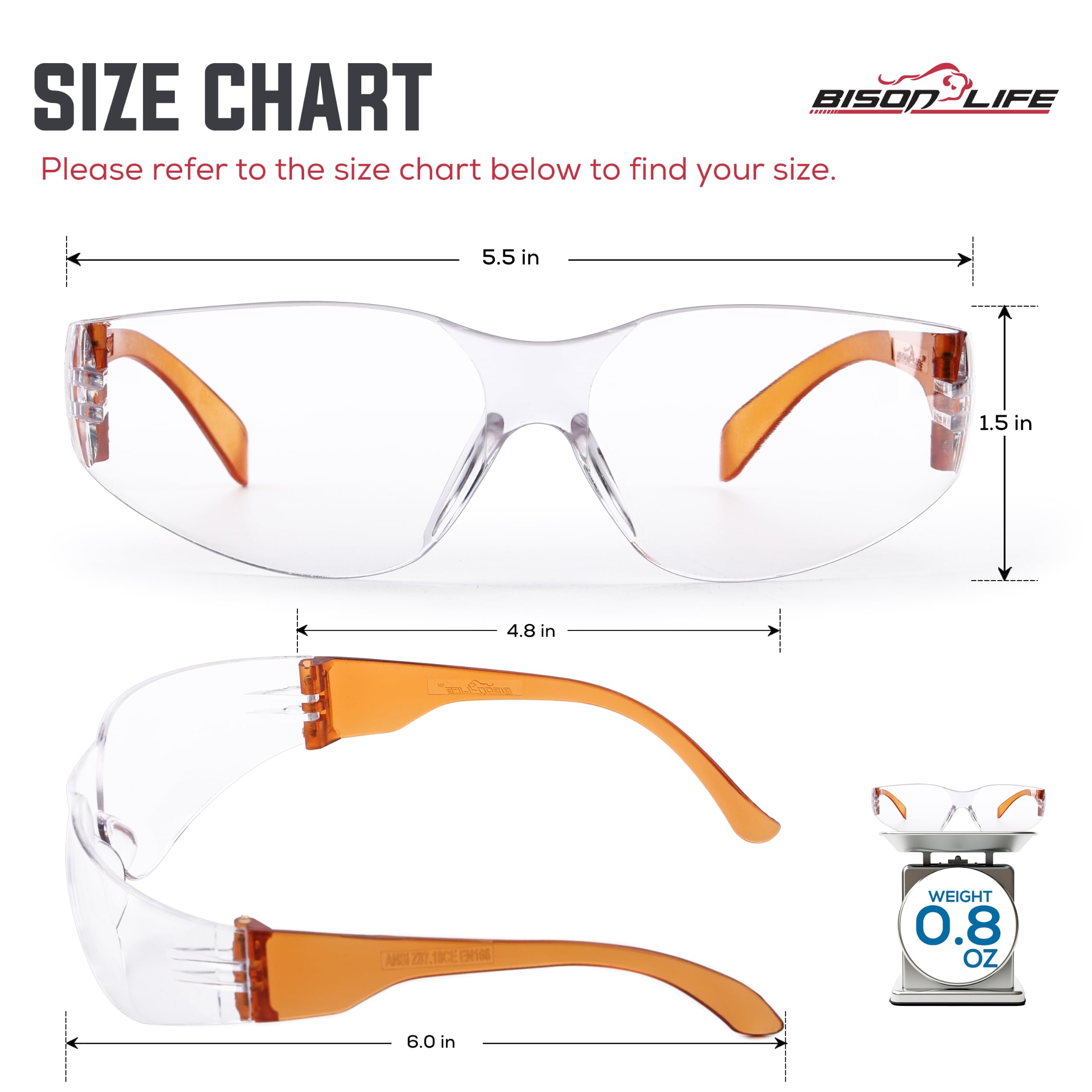 BISON LIFE Clear Safety Glasses – ANSI Z87.1 Certified Scratch & Impact Resistant Eye Protection Goggles for Men & Women