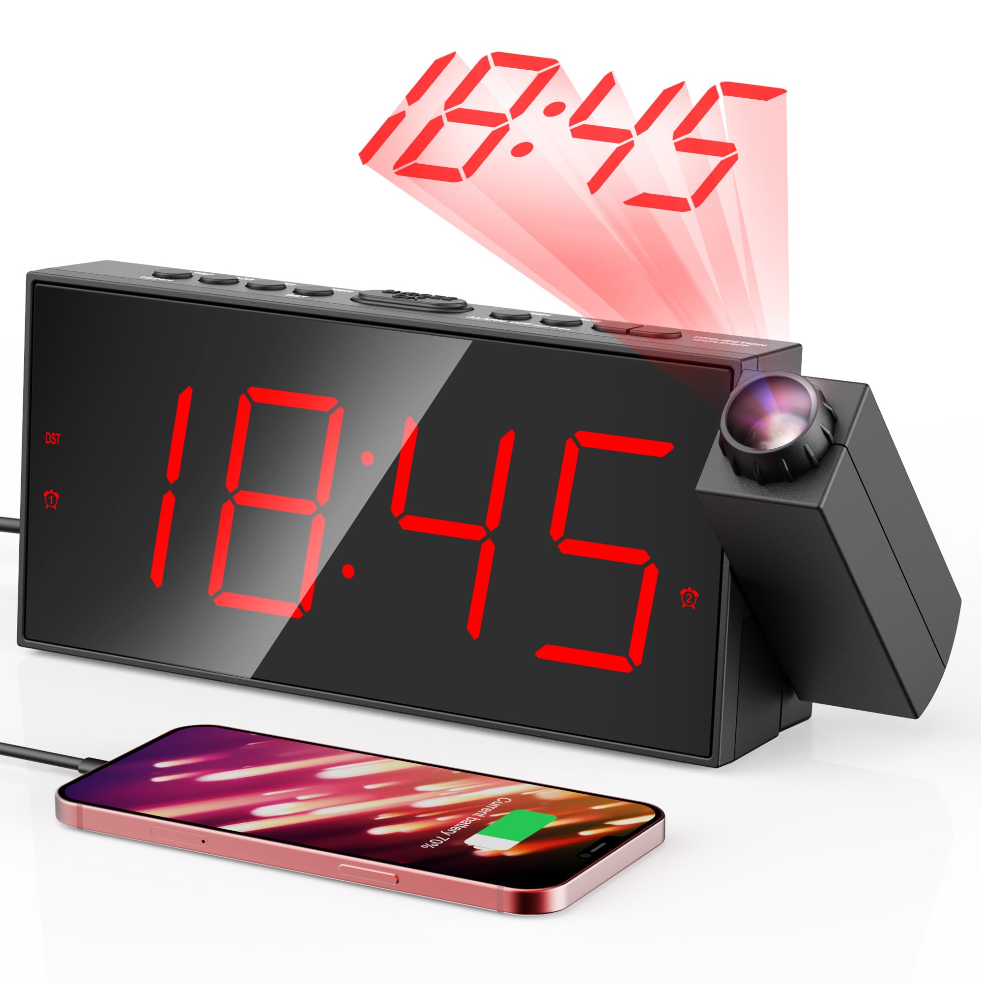 Digital Projection Alarm Clocks for Bedrooms - Large LED Display, 180° Rotatable Projector, 5-Level Dimmer,USB Charger,Battery Backup,Loud Dual Alarms for Kids Elderly,Heavy Sleepers,Snooze,12/24H,DST