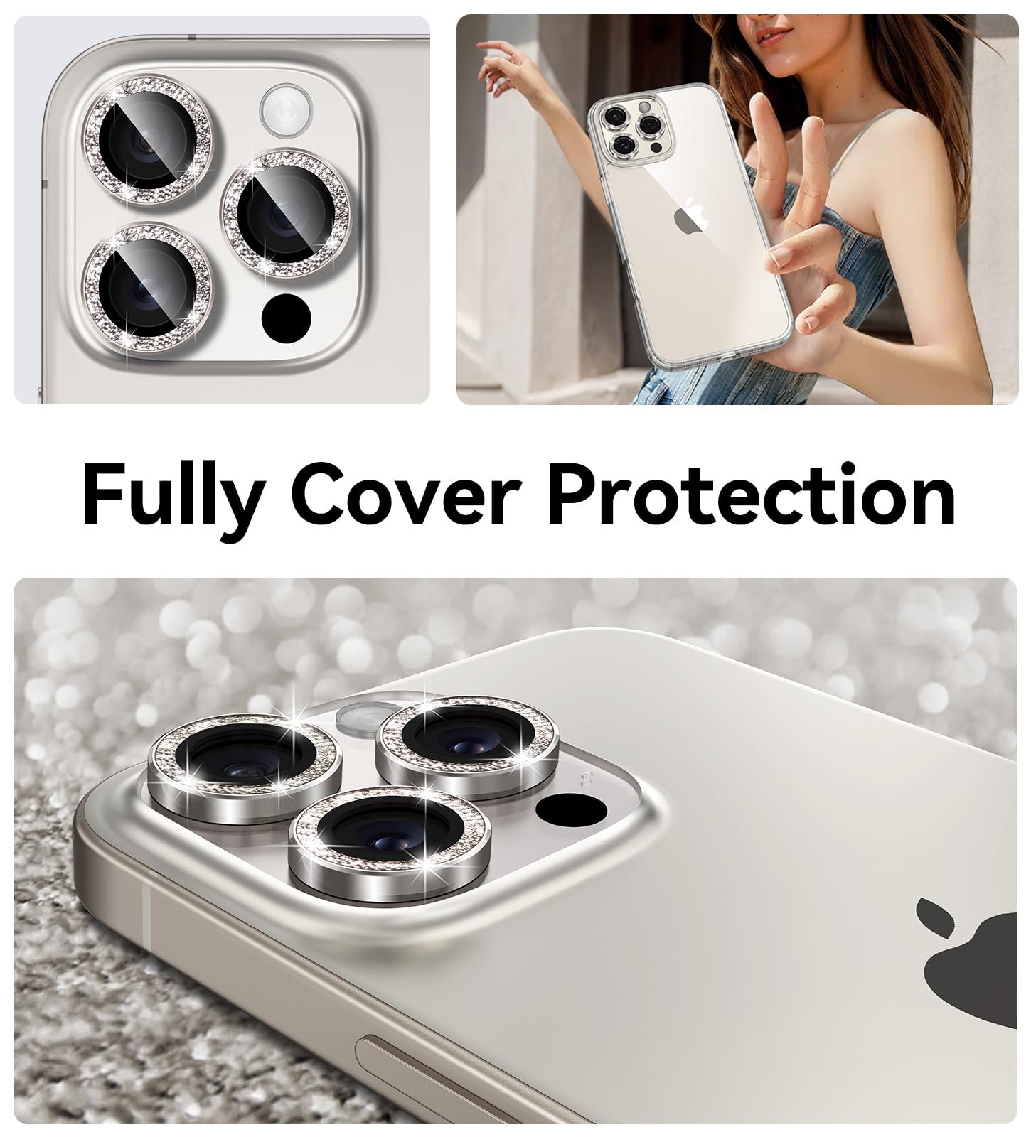 Matekxy Glitter Camera-Lens Protector for iPhone-16 Pro-Max - 16 Pro Anti-Scratch Tempered Glass with Aluminum Edging, Cute Girly Metal Individual Bling Ring Cover for Women, Black Titanium