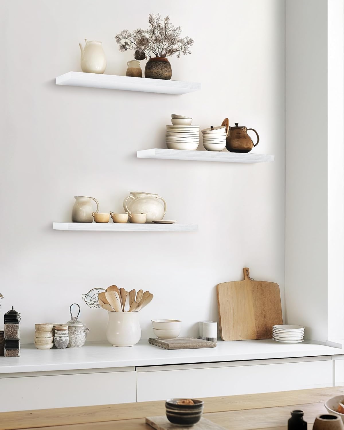 BAYKA White Floating Shelves for Wall, 22.5 inches Wall Mounted Rustic Wood Shelves for Bathroom, Bedroom, Living Room, Floating Shelves for Books/Storage/Decor (Set of 3)