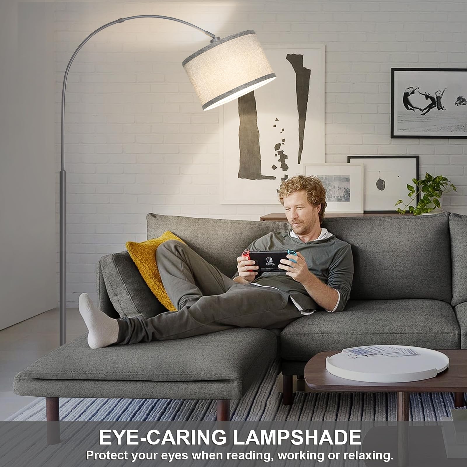 Rattan Floor Lamp, Arc Floor Lamps for Living Room, Farmhouse Standing Lamp with Adjustable Hanging Fabric Shade, Tall Pole Lamp with Foot Switch, Over Couch Arched Reading Light for Bedroom, Office