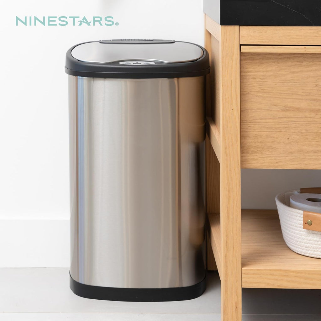 Ninestars DZT-50-13R Automatic Touchless Dual Compartment Motion Sensor Trash Can/Recycler, 13 Gal 50L, Stainless Steel Base (Oval, Black/Silver Lid)