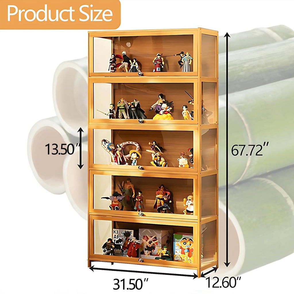 Display Cabinet with Acrylic Glass Door, 5 Tier Curio Display Case, Collectibles Toy Organizers Rack & Display Shelf, Kids Bookcase for Bedroom, Reading Nook, living Room, Bamboo (Black -flip Door)