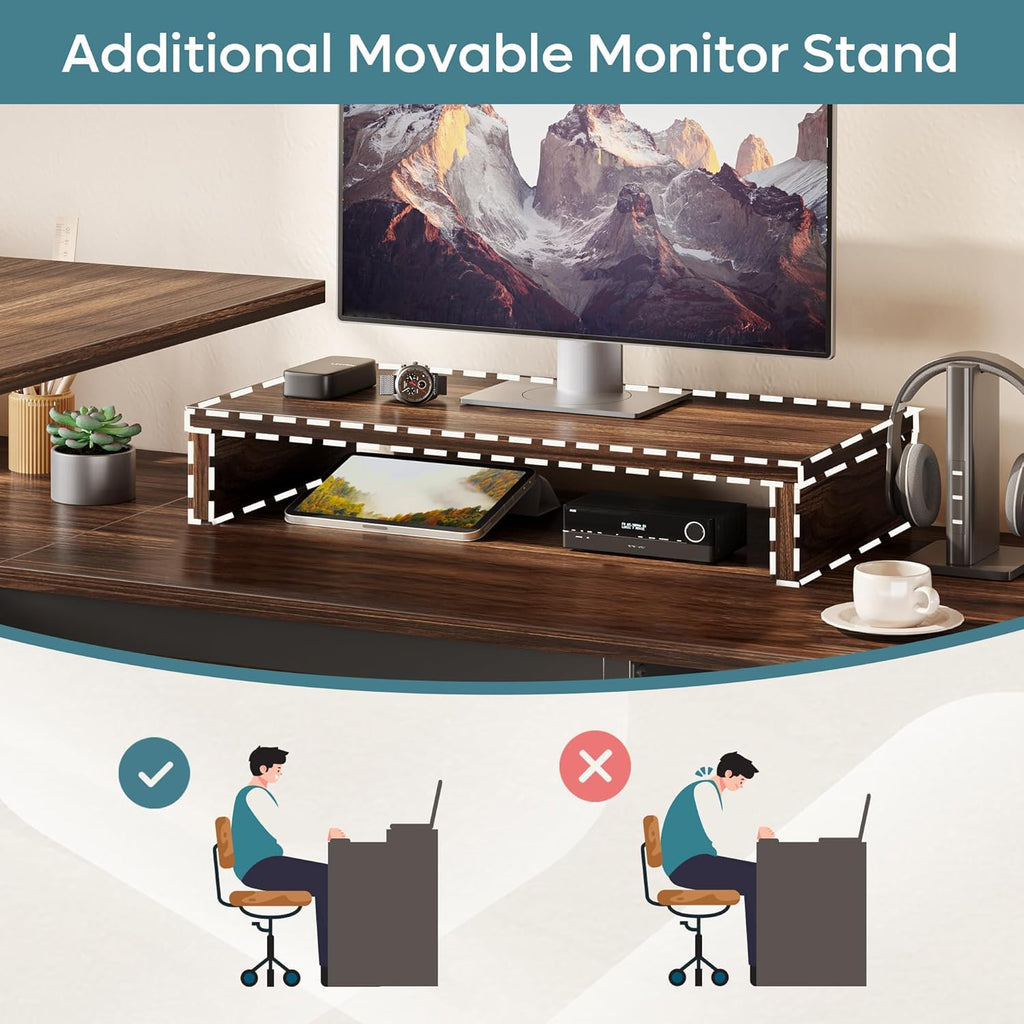 Bestier L Shaped Standing Desk with Lift Top, 55"x55" Standing Corner Desk for Home Office, Computer Desk with Reversible File Drawer and Monitor Stand, Grey Wash