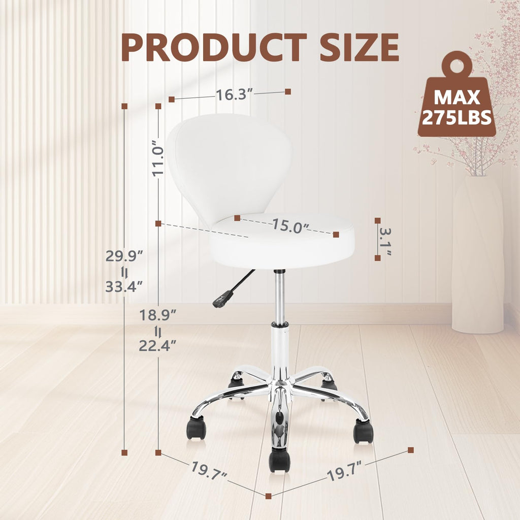 KLASIKA Leather Rolling Swivel Salon Stool Chair with Back Support Adjustable Hydraulic Seat Height 22 in for Office Massage Facial Spa Medical Drafting Tattoo Beauty Barber