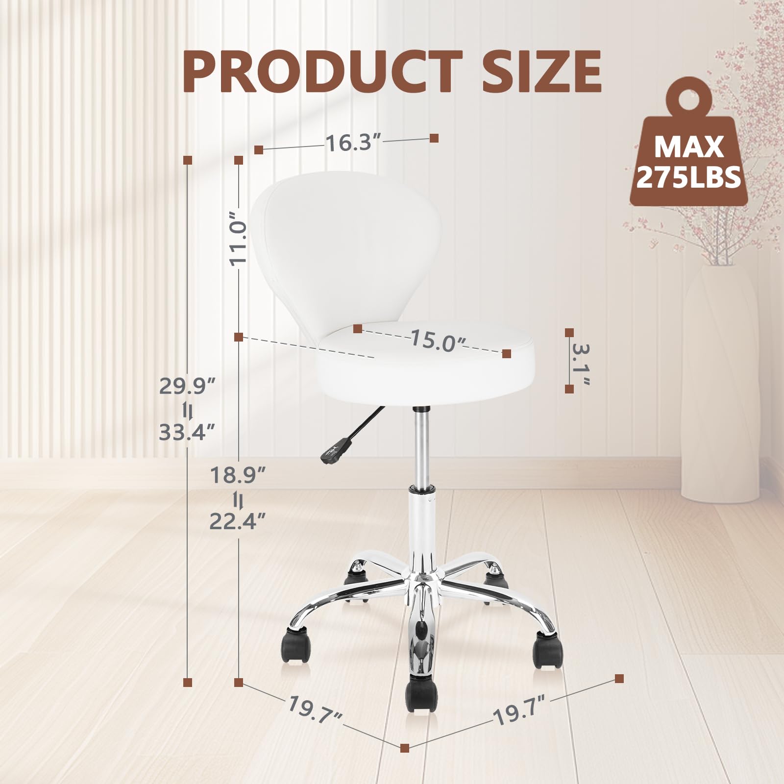 KLASIKA Leather Rolling Swivel Salon Stool Chair with Back Support Adjustable Hydraulic Seat Height 22 in for Office Massage Facial Spa Medical Drafting Tattoo Beauty Barber
