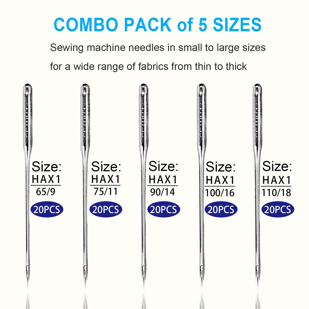 50 Pcs Universal Sewing Machine Needles HAX1 (65/9, 75/11, 90/14, 100/16 and Heavy Duty 110/18) Ideal for Various Fabrics, Compatible with Singer, Brother, Janome and Most Home Sewing Machine Brands