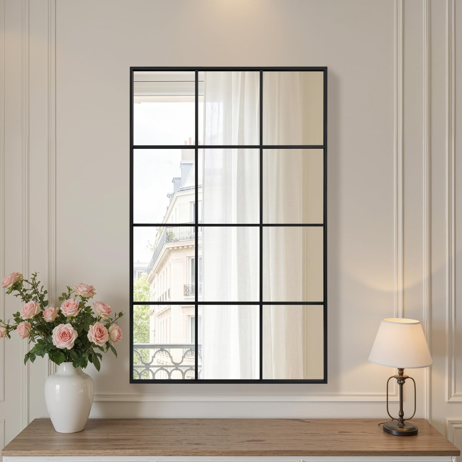 Anpark Arched Windowpane Wall Mirror 24"x36" Black Wall Mounted Art Pane Mirror Farmhouse Decorative Mirror Leaning Hanging Wall Mirror for Bedroom Living Room Entrance Hallway Wall Decor