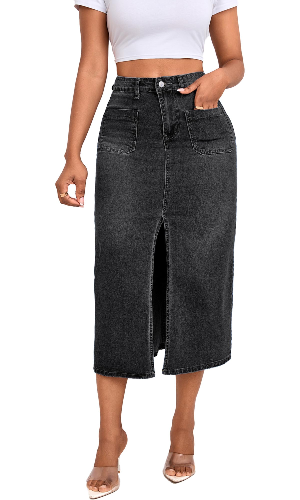 Jean Skirt for Women Denim Skirt High Waist Stretch Midi Denim Skirts with Pockets