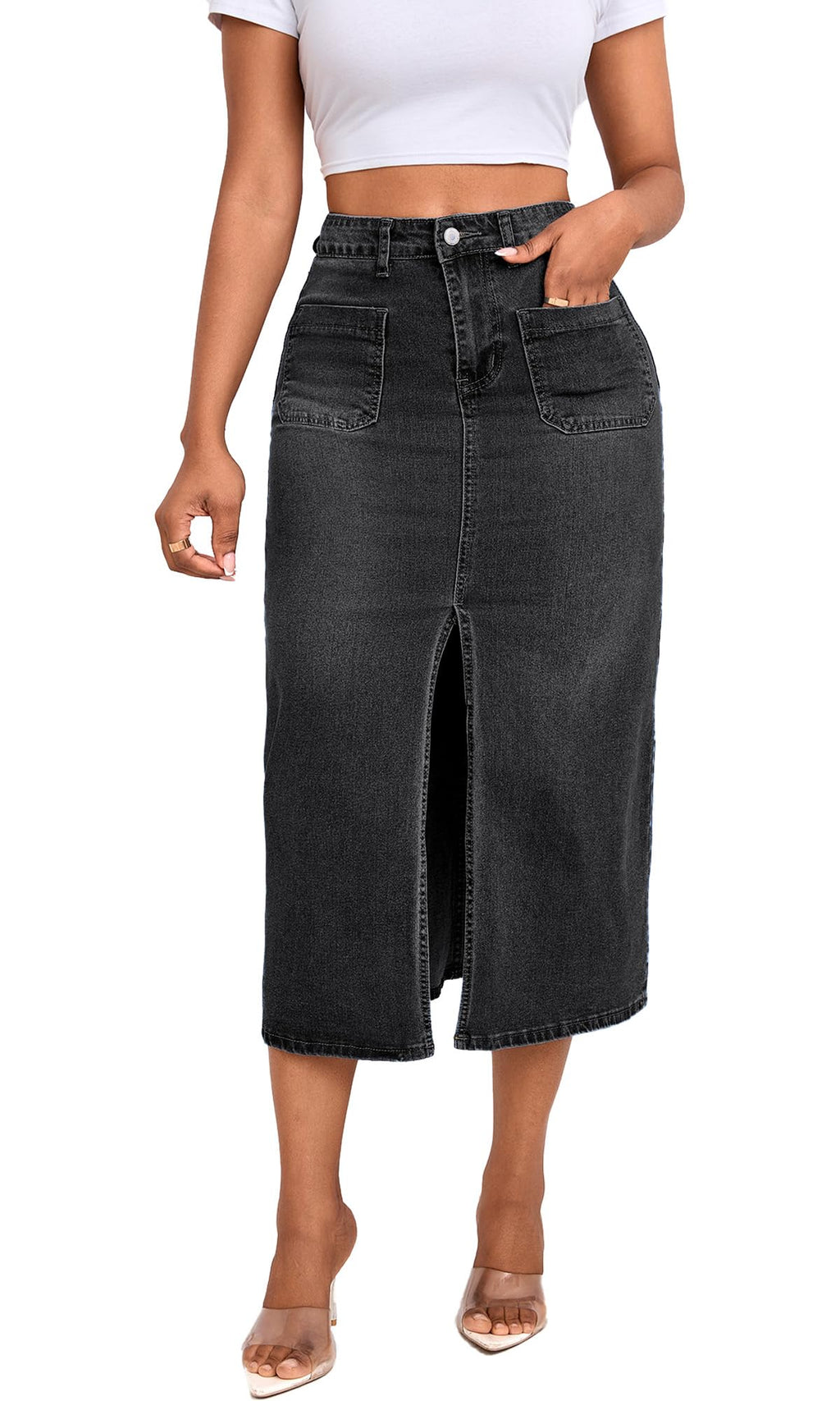 Jean Skirt for Women Denim Skirt High Waist Stretch Midi Denim Skirts with Pockets