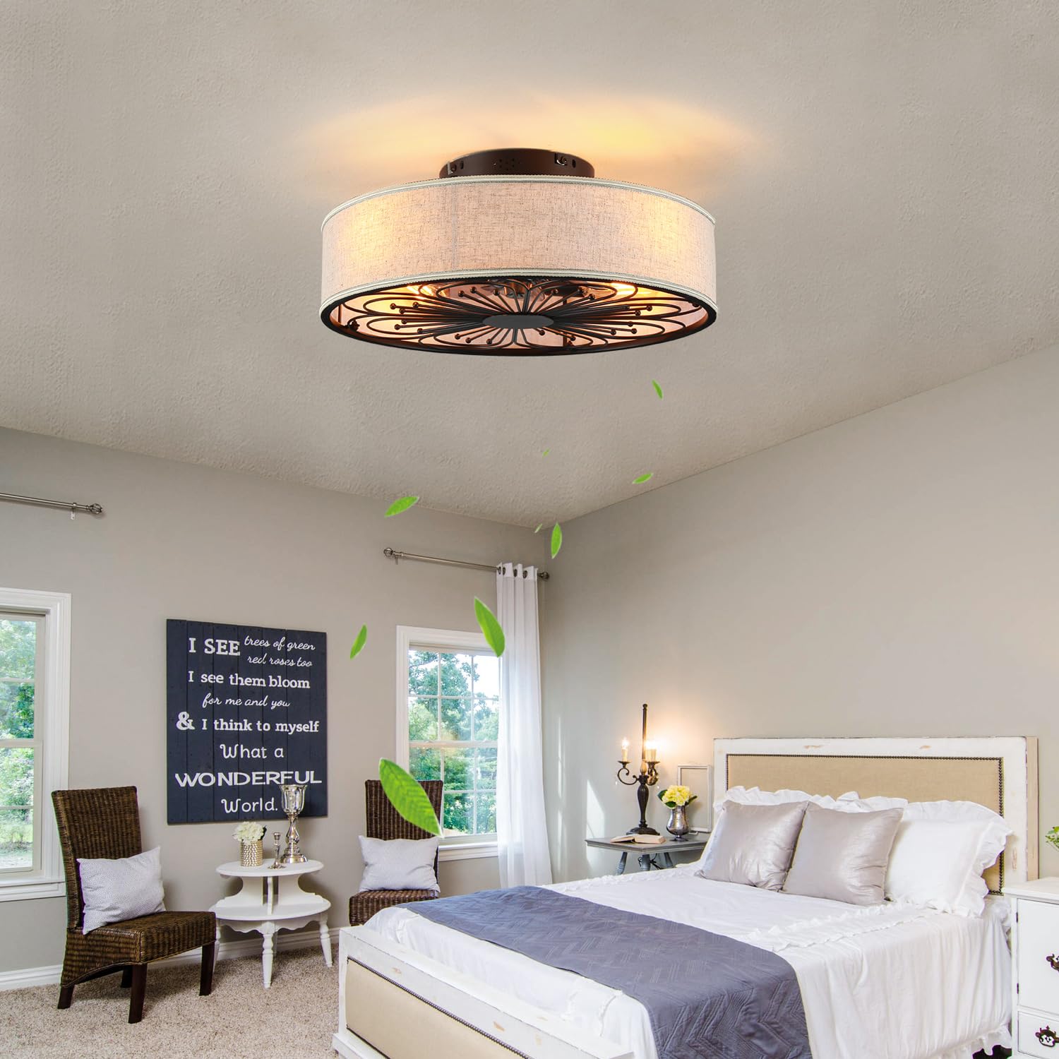 20" Boho Rattan Caged Ceiling Fan with Light,Low Profile Flush Mount Bladeless Ceiling Fan with Remote Control, 6 Speeds Reversible Silent Motor, Farmhouse Fabric Fandalier for Bedroom,Living Room