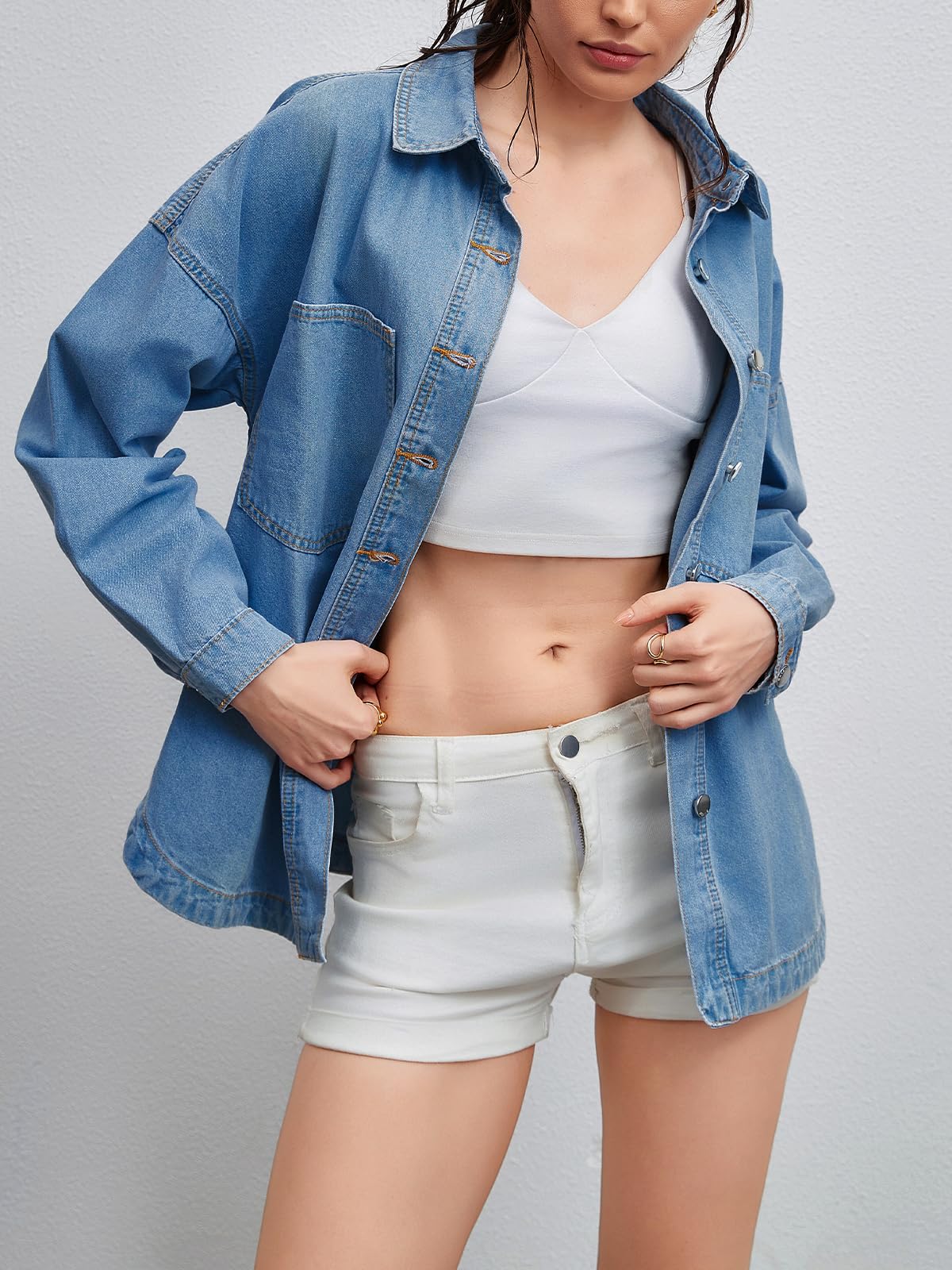 LifeShe Women Denim Shirt Jean Jacket Oversize Button Down Shirt Long Sleeve Jean Tops Trendy Shackets