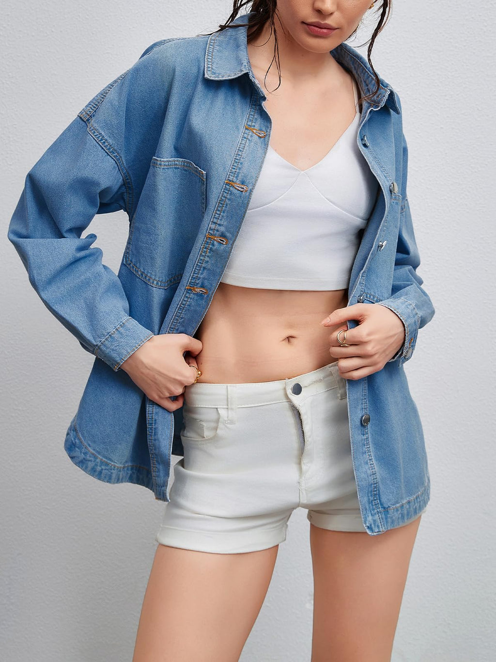 LifeShe Women Denim Shirt Jean Jacket Oversize Button Down Shirt Long Sleeve Jean Tops Trendy Shackets