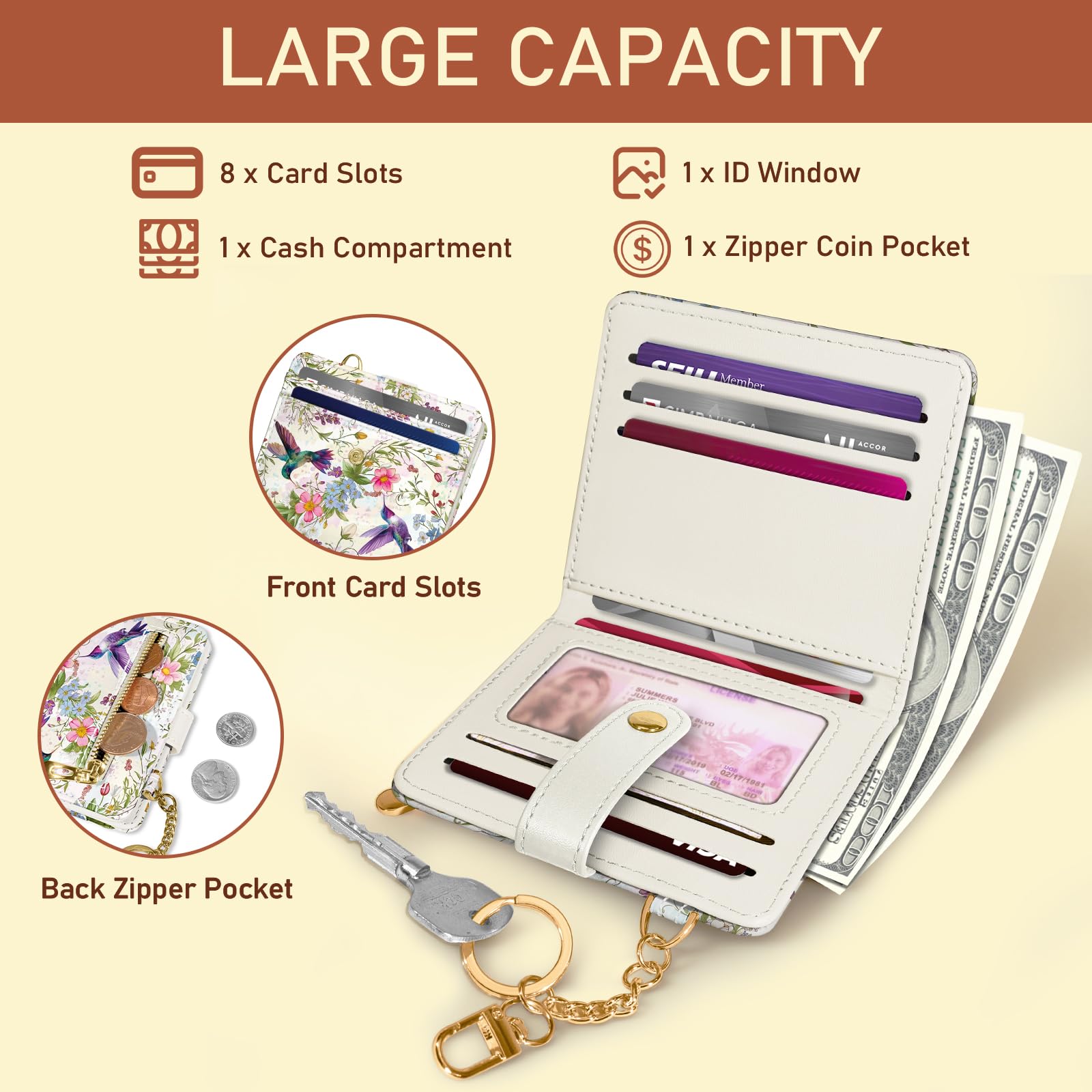 Jogjam Small Ladies Wallet, Rfid Slim Thin Compact Credit Card Women Wallet, PU Leather Bifold Cash Wallet, Zipper Coin Pocket & ID Window, Female Gifts Beige and Brown
