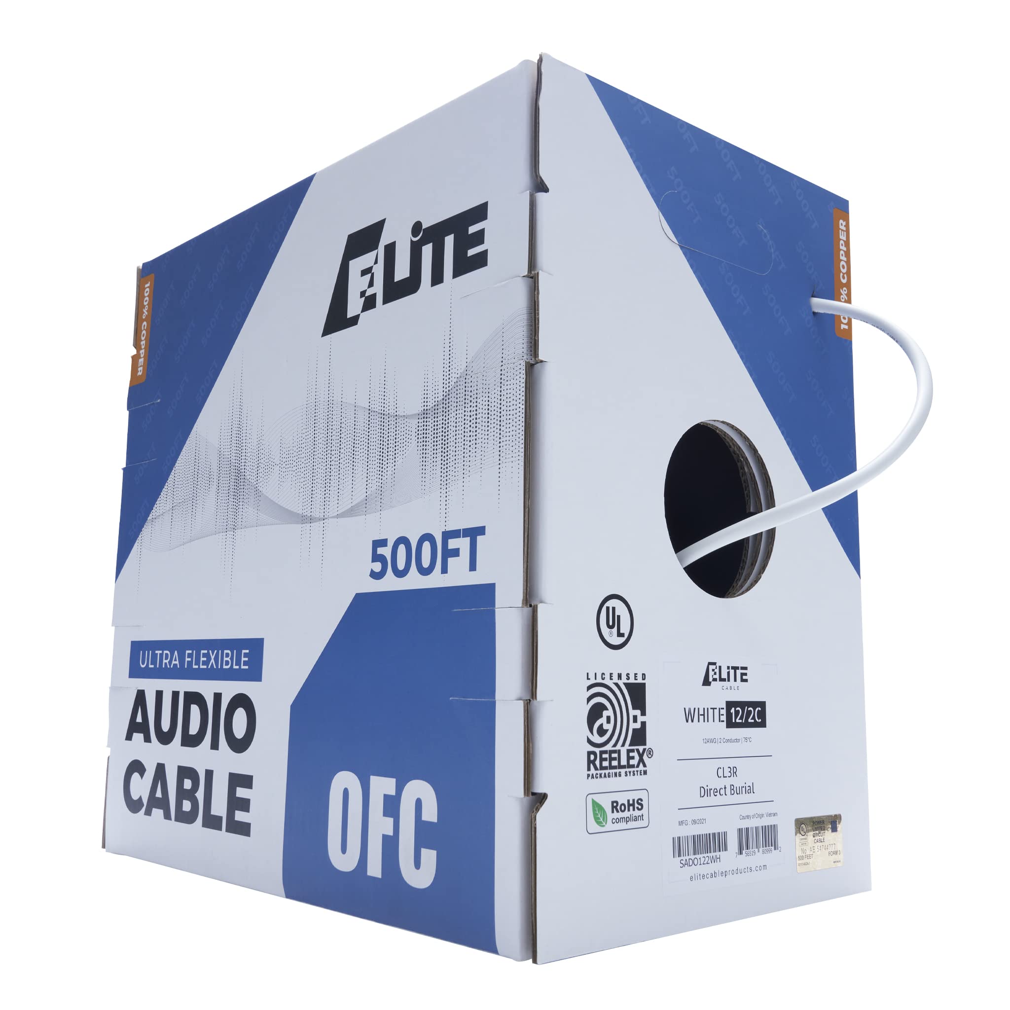 Elite 12/2 Speaker Wire 100ft, UL Listed, CMR/CL3R, (Riser/in-Wall & Outdoor/In-Ground (Direct Burial)- 100% Oxygen Free Pure Bare Copper (OFC), 12AWG/2-Conductor, 100ft Bulk Cable (65 Strands) Black