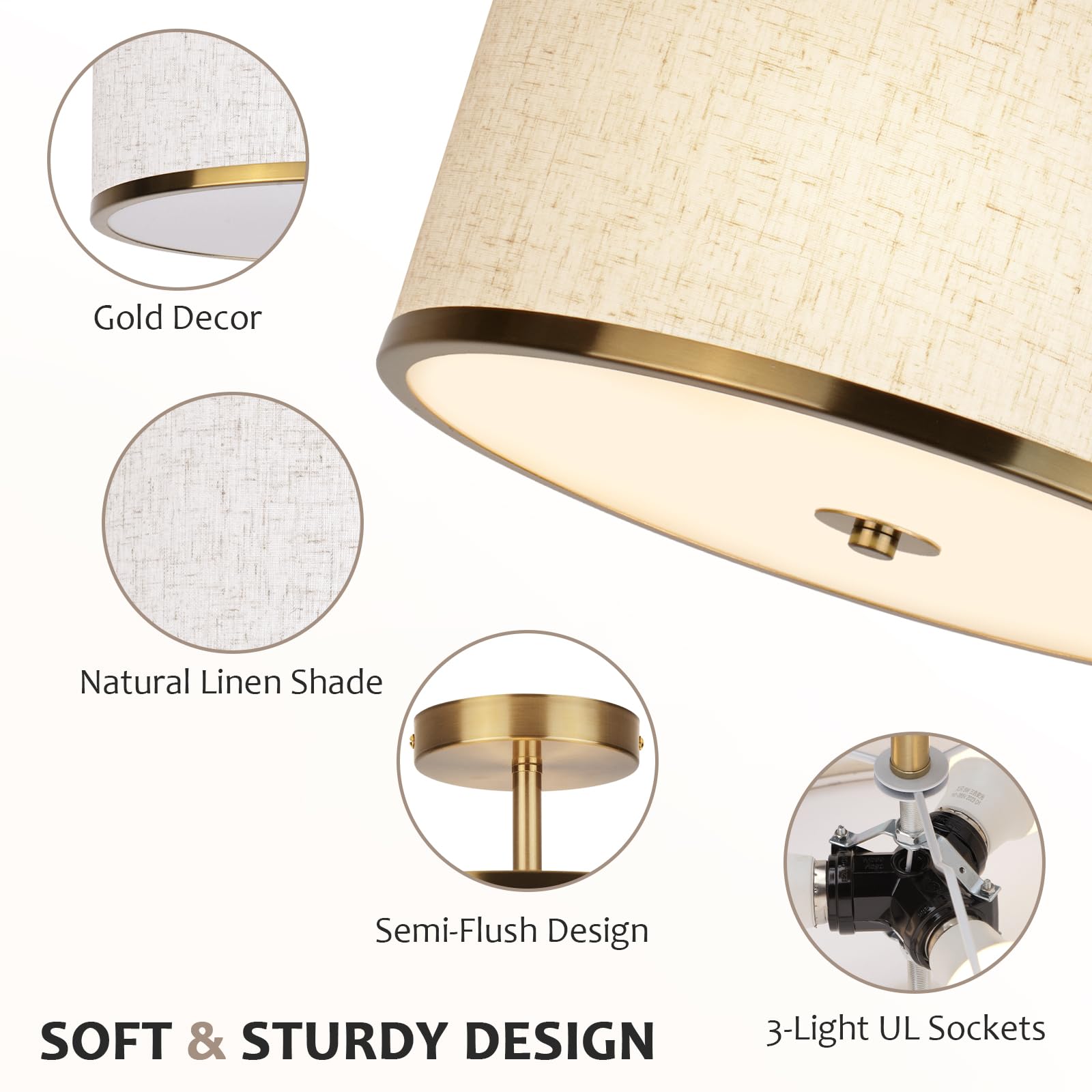 CALOKES Semi Flush Mount Ceiling Light, 11.8" Modern 3-Light Fixture with Petal-Shaped Cream White Fabric Shade and Golden Support Arm, Ideal for Bedroom, Kitchen, Living Room, Hallway, and Entryway