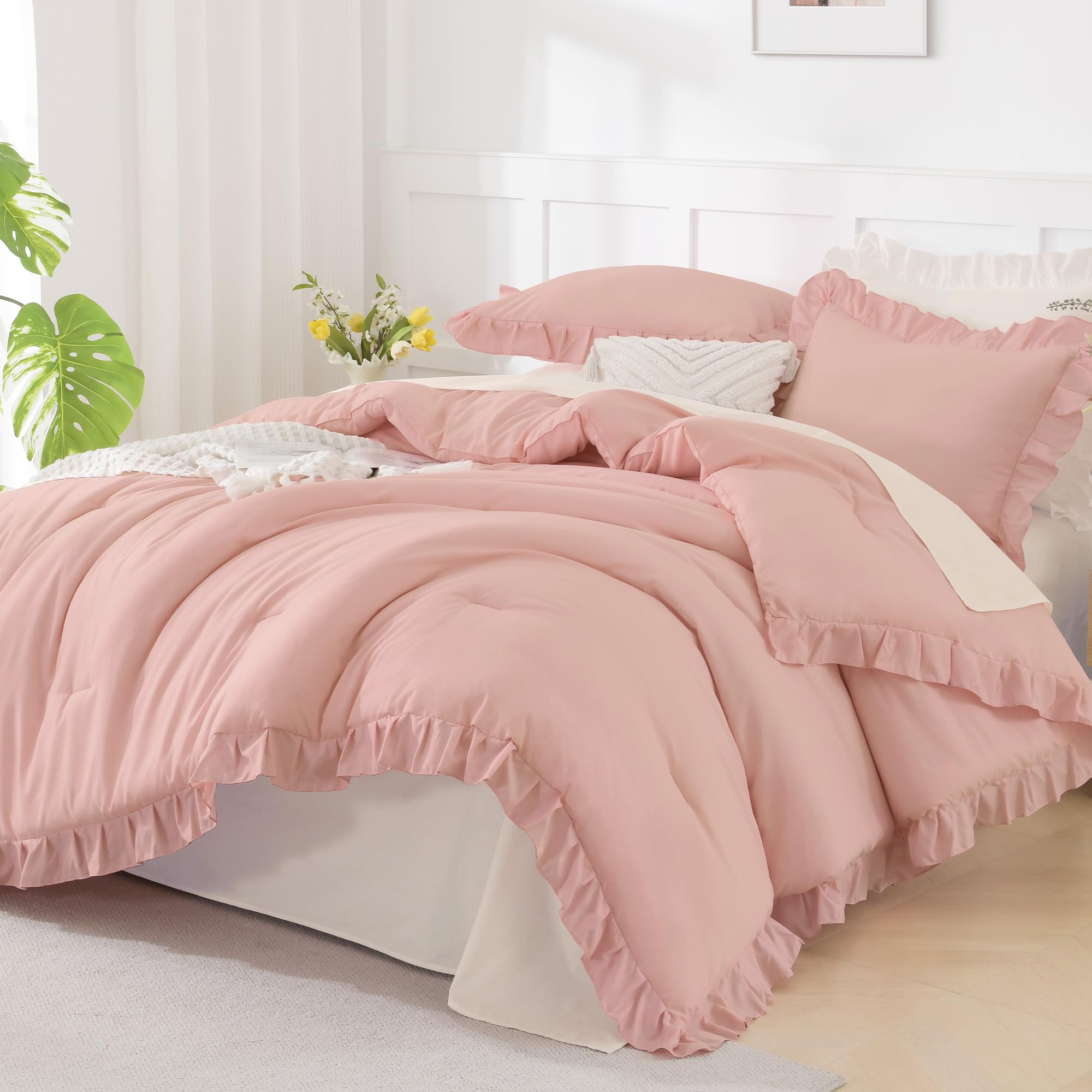 Andency Beige Twin Size Ruffle Comforter, 2 Pieces Farmhouse Shabby Classic Bed Set for Kids, Lighteweight Soft Polyester Bedding Set for Girls(1 Ruffle Comforter and 1 Pillowcase)