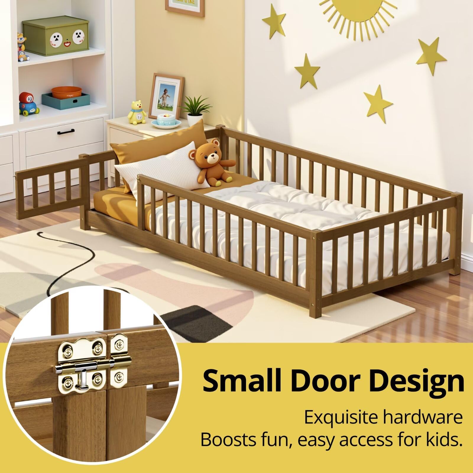 i-POOK Queen Floor Bed for Children, Sturdy Wood Montessori Bed Frame with Wood Slats, High Fence & Small Door for Girls and Boys, Espresso (with Bed Slats)