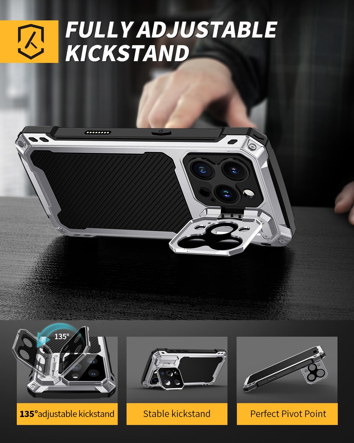 Lanhiem for iPhone 16 Metal Case with Camera Cover & Stand [Compatible with MagSafe] [Built-in Kickstand] [Military-Grade Protection] Heavy Duty Rugged Magnetic Phone Case, Black