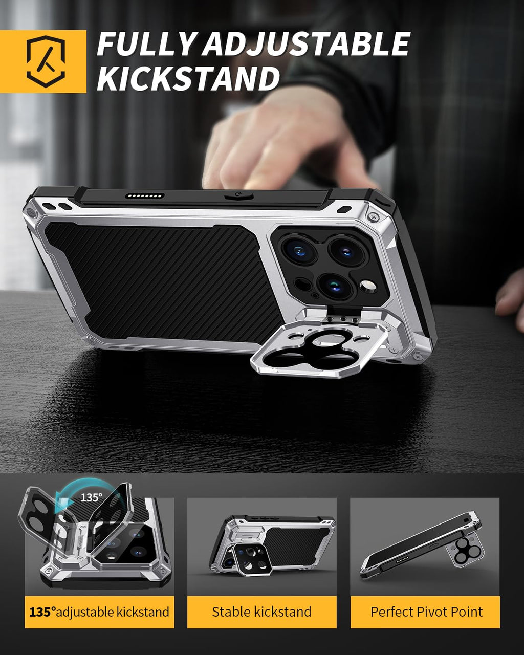 Lanhiem for iPhone 16 Metal Case with Camera Cover & Stand [Compatible with MagSafe] [Built-in Kickstand] [Military-Grade Protection] Heavy Duty Rugged Magnetic Phone Case, Black