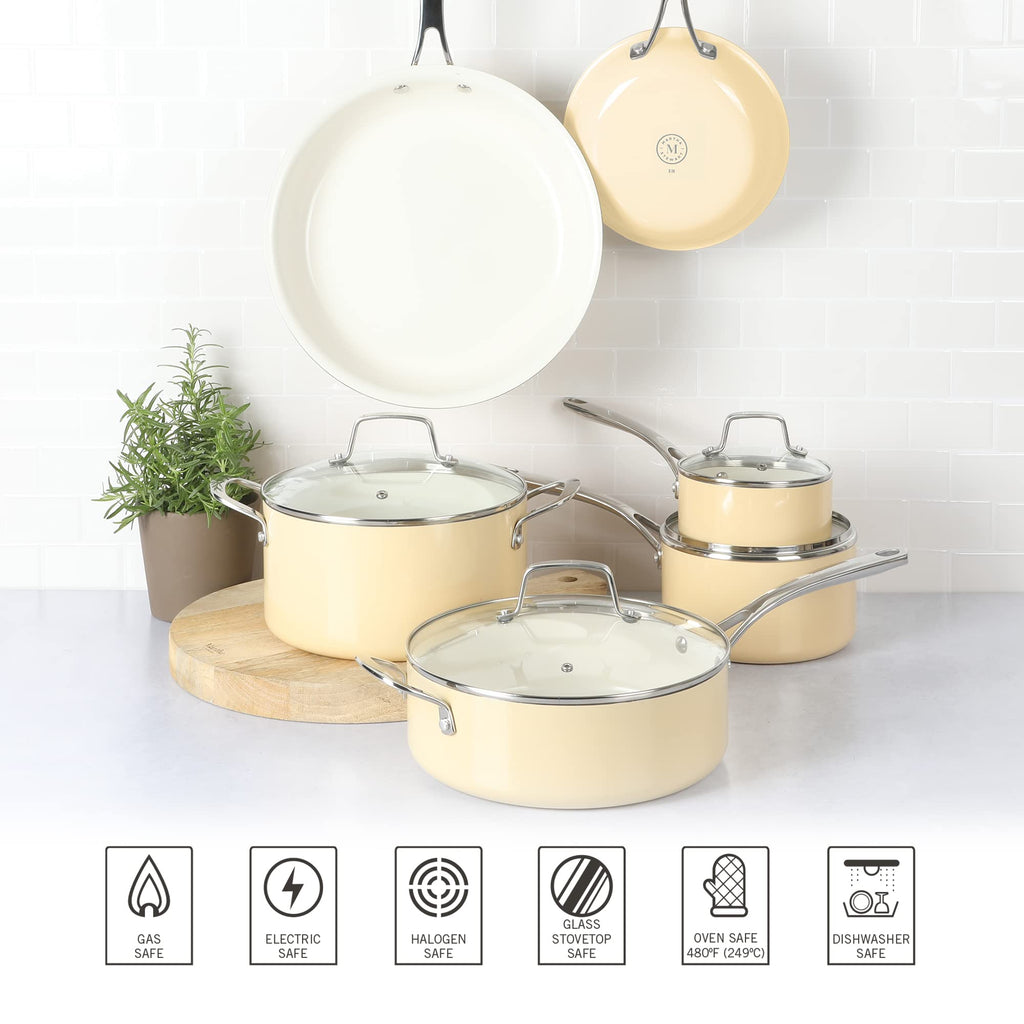 Martha Stewart Lockton Premium Nonstick PFA Free Ceramic Interior 10 Piece Enamel Heavy Gauge Aluminum Pots and Pans Cookware Set - Butter Cream