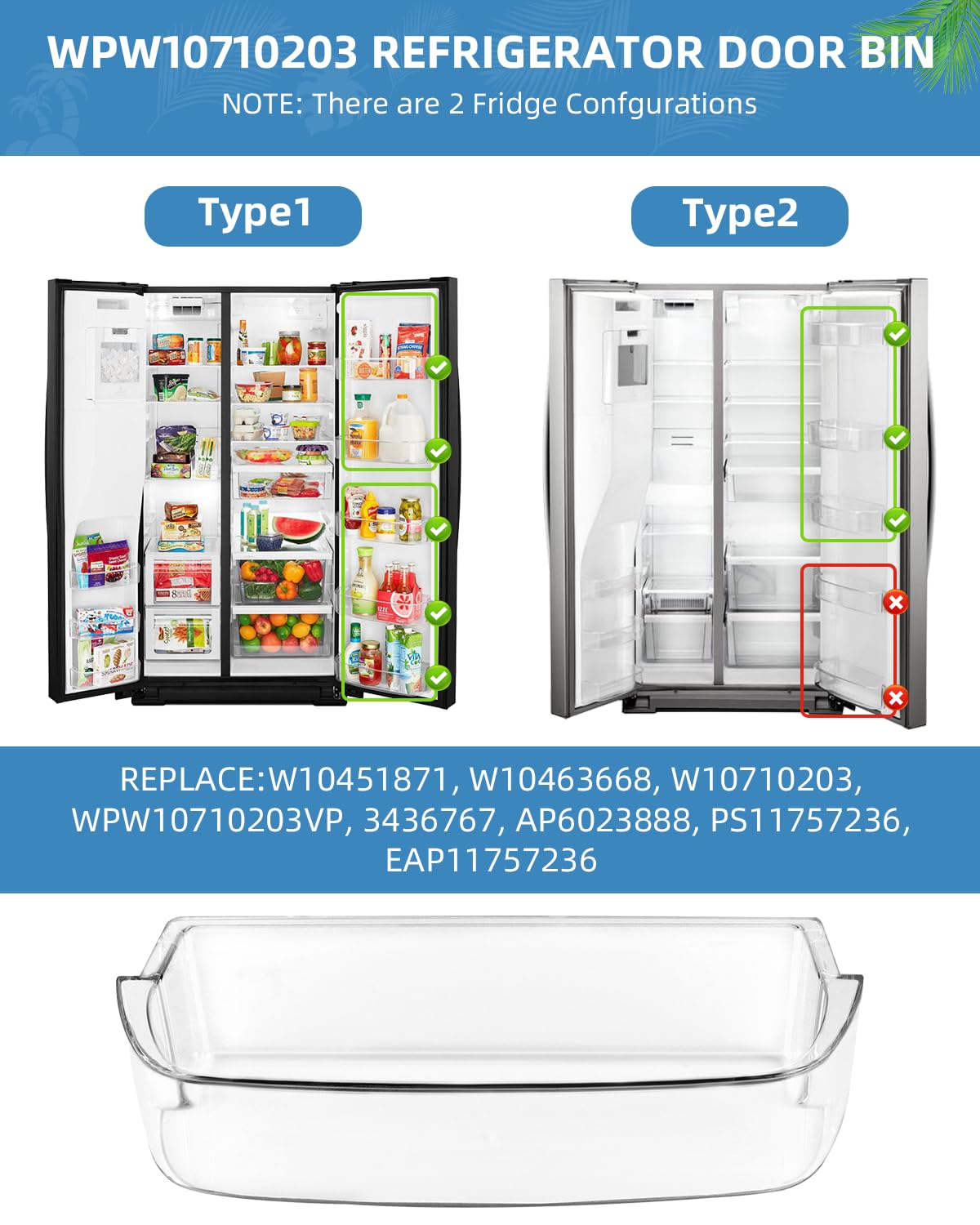 W10710203/WPW10710203 Refrigerator Door Bin by AMI PARTS Fit for whirl-pool ken-more Refrigerators Right Side Bin Replaces W10710203 W10451871 AP6023888
