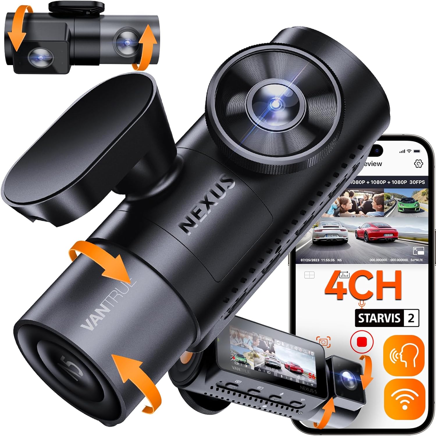 Vantrue N5 4 Channel WiFi 360° All Sides Dash Cam, STARVIS 2, IR Night Vision, 2.7K+1080P*3 Front Rear Inside Dashcam, Voice Control, GPS, 24 Hours Buffered Parking Mode Dash Camera, 512GB Max (N5)