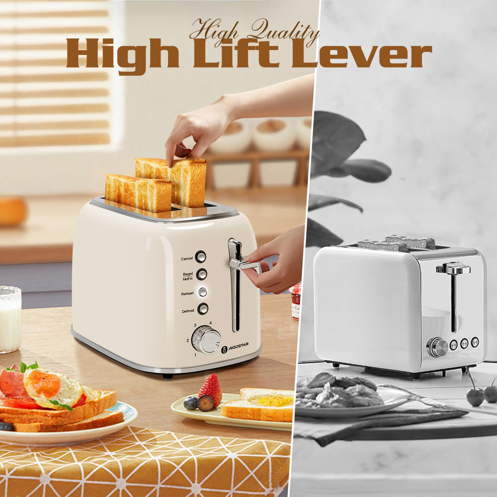 Aigostar Toaster 2 Slice Retro Toaster Stainless Steel, 1.6 inch Extra Wide Slots Bread Toaster Bagel, Cancel, Defrost Function, 6 Shade Settings & Removable Crumb Tray for Bread Waffle, Aqua Green