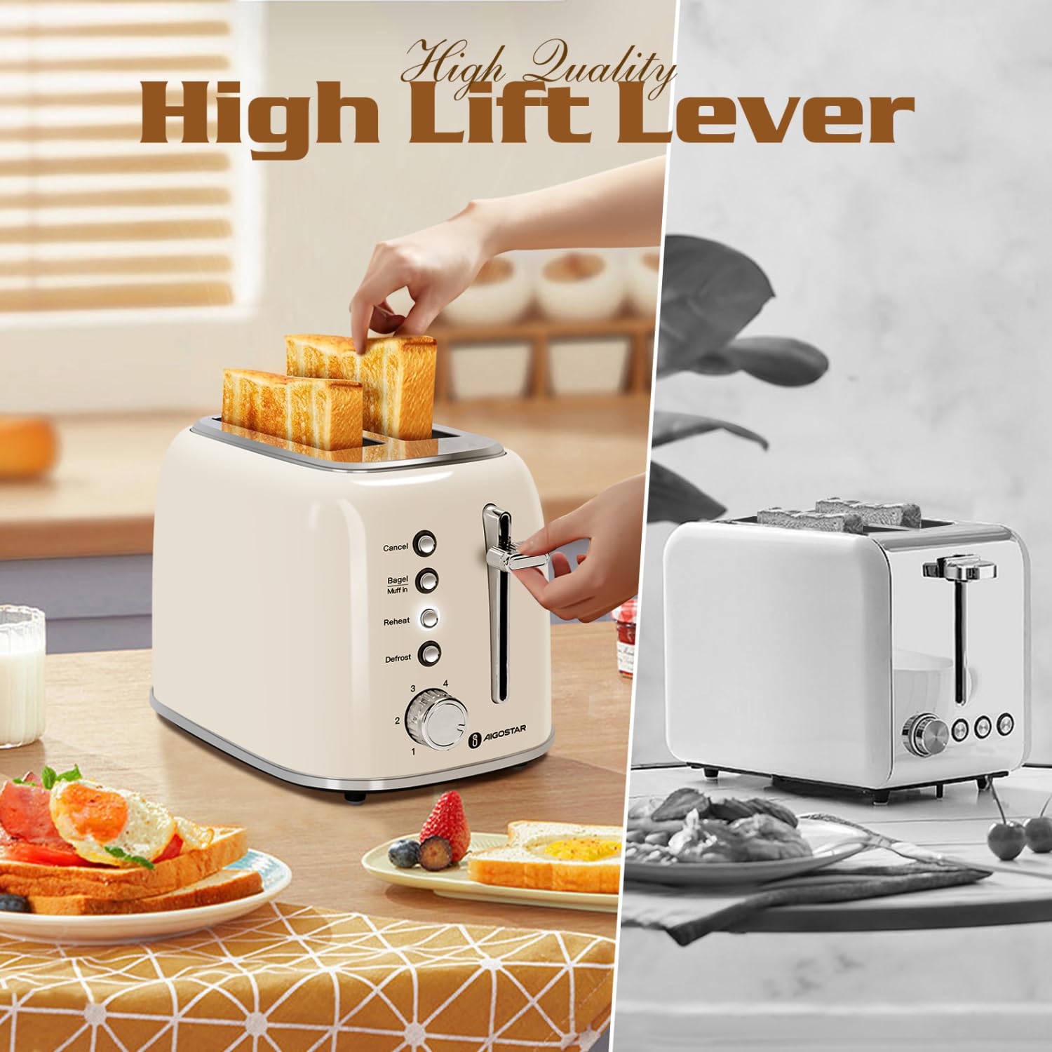 Aigostar Toaster 2 Slice Retro Toaster Stainless Steel, 1.6 inch Extra Wide Slots Bread Toaster Bagel, Cancel, Defrost Function, 6 Shade Settings & Removable Crumb Tray for Bread Waffle, Aqua Green