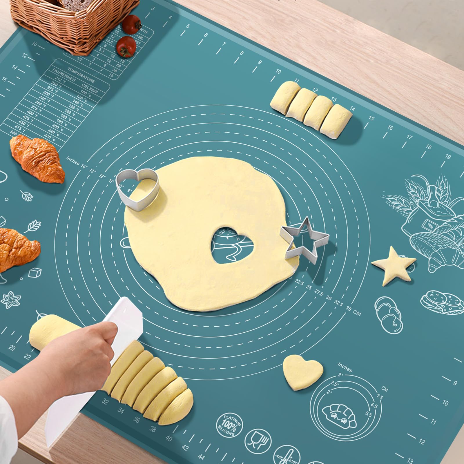 Silicone Baking Mat 24" x 16" Extra Thick Non-stick Pastry Mat with Measurements and Edge Heightening, Food Grade Silicone for Countertop Dough Rolling Making Bread, Cookies, Pizza, Fondant, Pasta