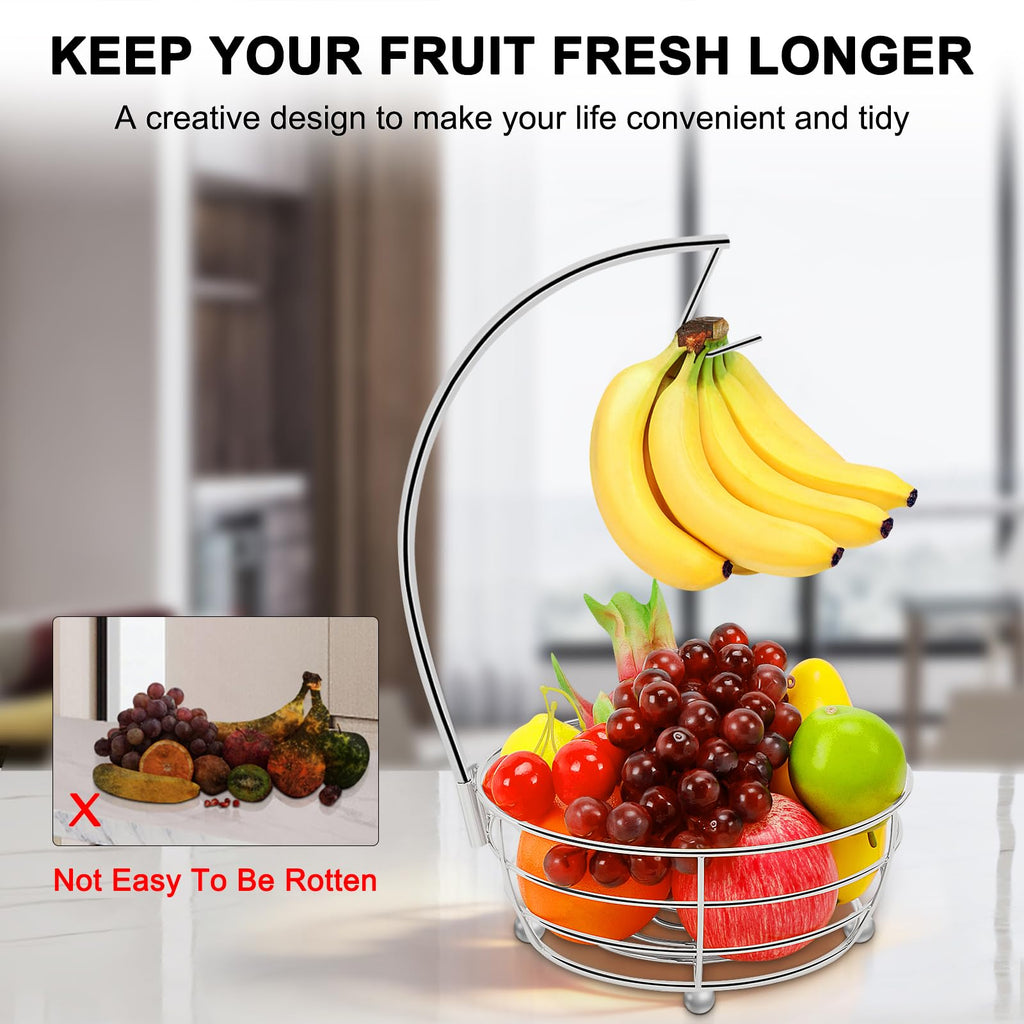 Livabber Countertop Fruit Basket Bowl with Banana Hanger, Modern Standing Fruit Vegetable Bowl Storage, with Banana Tree Holder for Kitchen Dinning Table (Round Marble, Black)