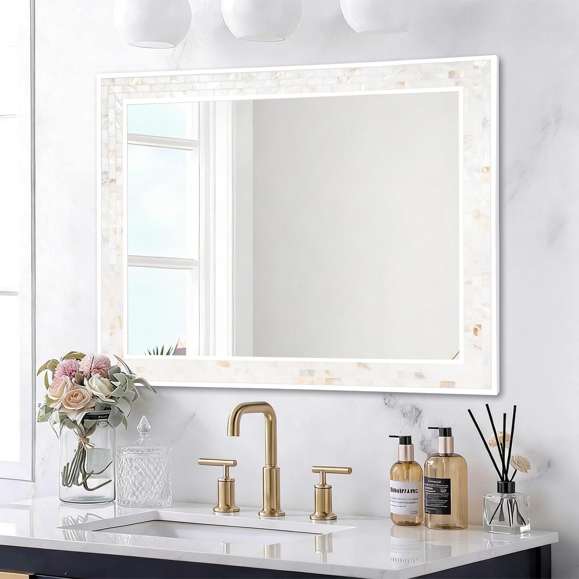 Tanmicoshomy Round Wall Mirror 24 Inch,Circle Mosaic Mirror with Natural Mother of Pearl and Wood Frame, Decorative Coastal Round Wall Mirror for Bathroom Bedroom Living Room Entryway