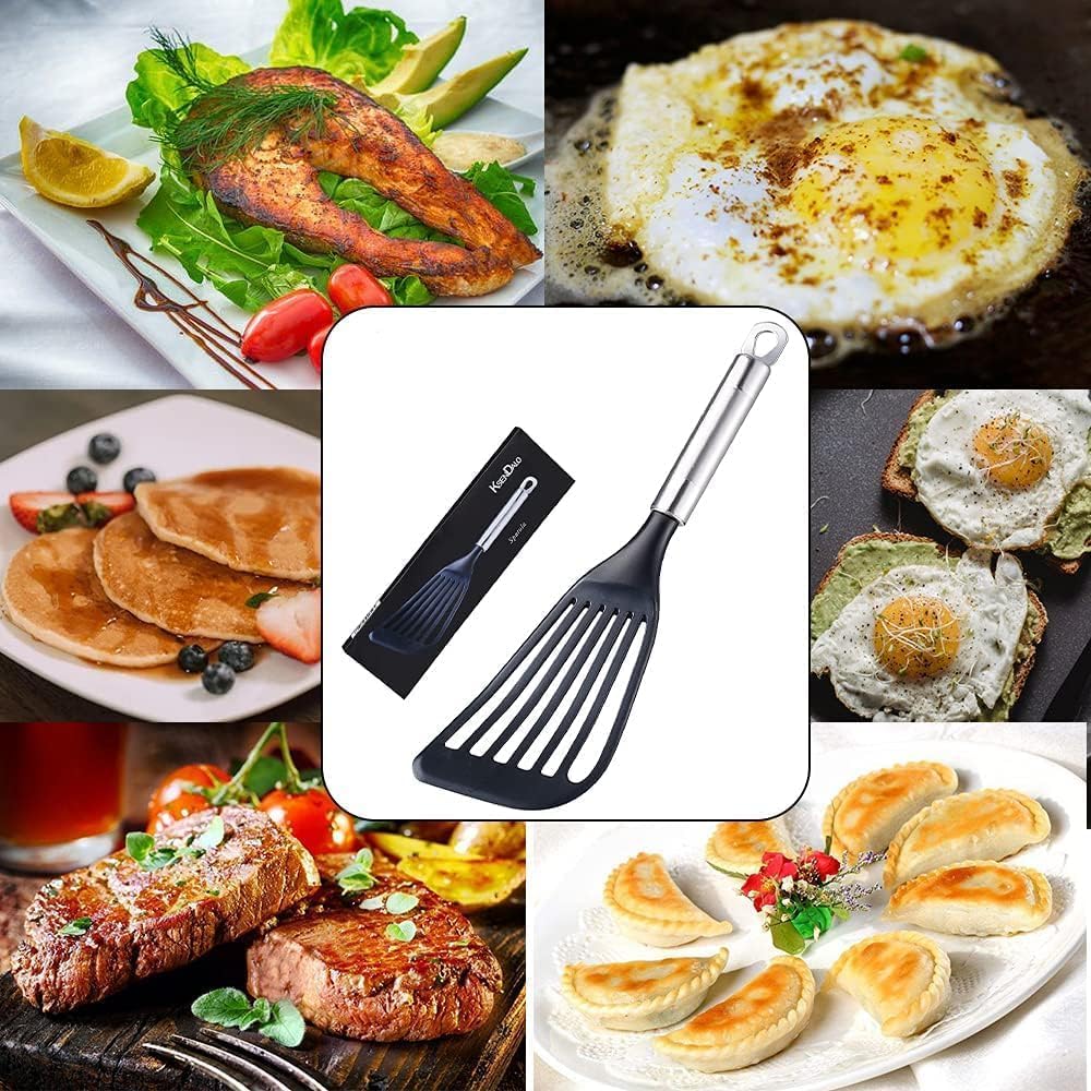 KSENDALO Thin Flexible Fish Spatula for Nonstick Cookware, Black | Egg Flipper Turner w/Hollow Steel Handle, Slotted Angled LFGB Complaint Nylon Blade, Dishwasher Safe, Silver Handle