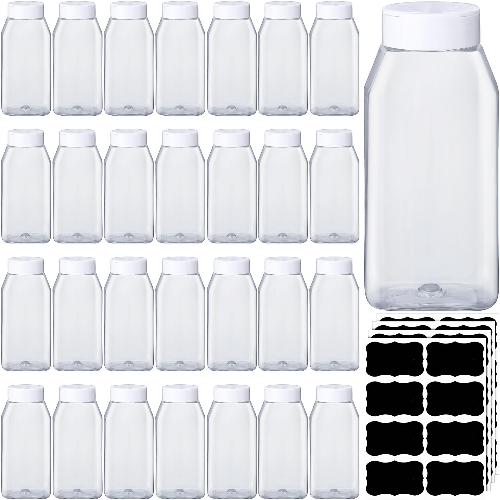 Mifoci 28 Pack 16 oz Plastic Spice Jars with Cap Square Plastic Bottle Containers with Shaker Lids and Stickers Large Seasoning Shaker Empty Powder Storage Container for Storing Salt Herbs (Black)