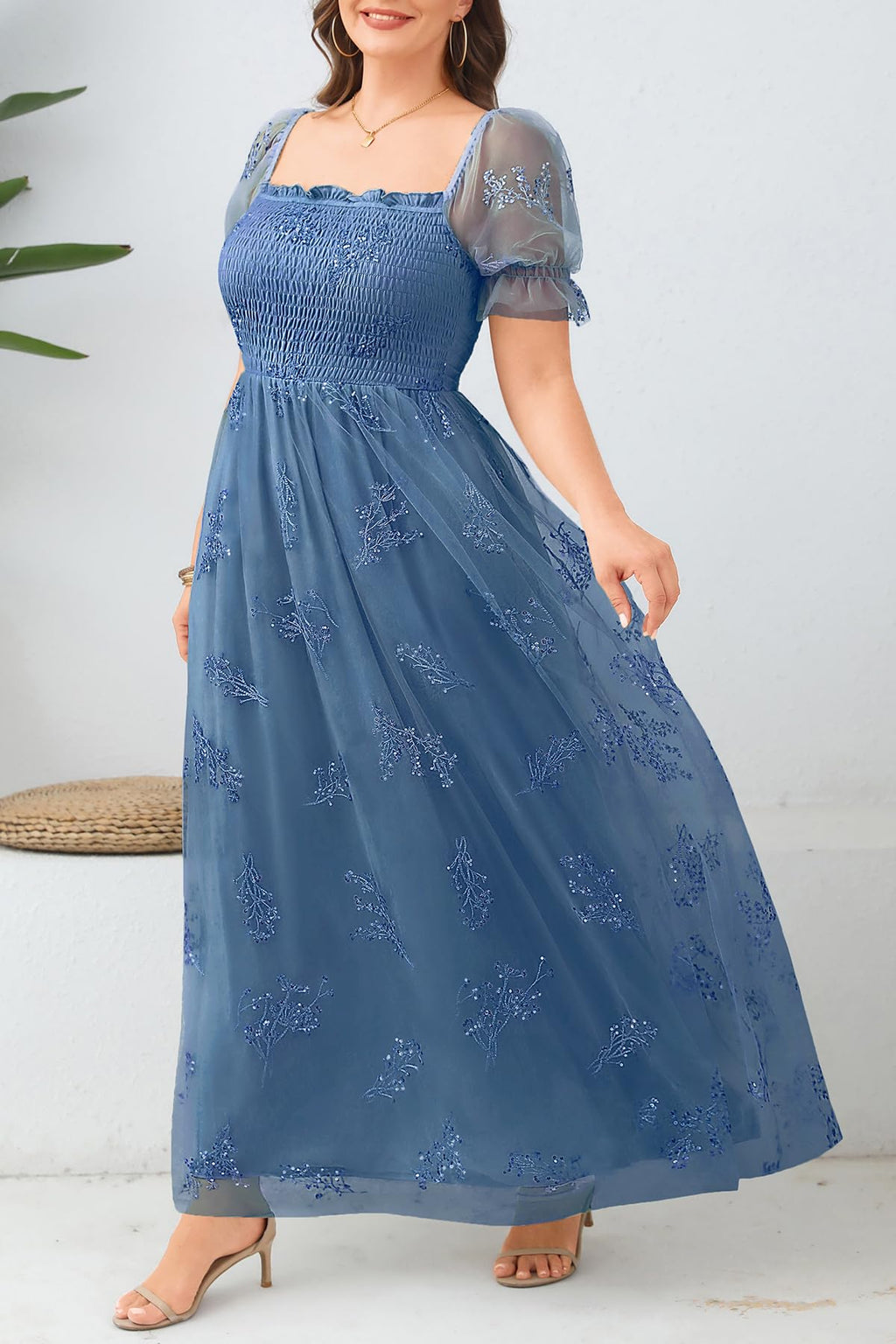 Plus Size Formal Dresses - Bridesmaid Leaf Embroidery with Sequin Tulle Prom Long Dress