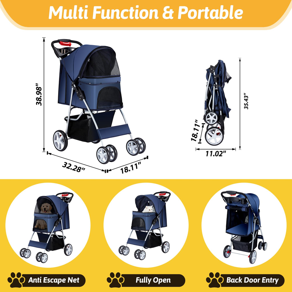 Pet Stroller, 4 Wheels Pet Strolling Cart for Medium/Small Dogs and Cats, Foldable Cat Jogger/Dog Stroller with Cup Holder, Storage Basket, Breathable Mesh, All-Season Pet Carrier, Black