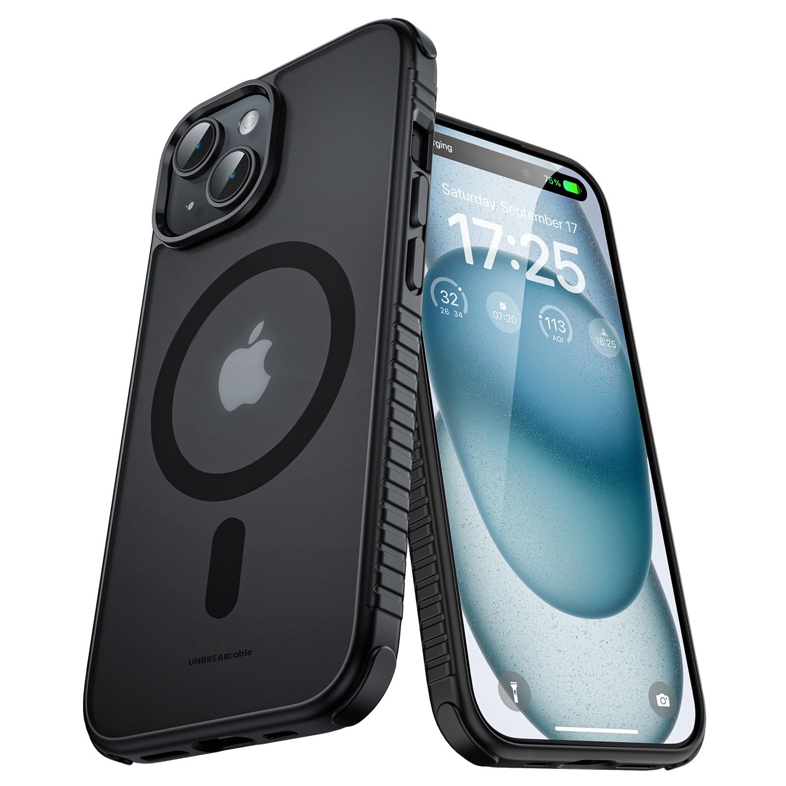 UNBREAKcable Case for iPhone 14 & iPhone 13, [Compatible with MagSafe] [Military Grade Shockproof] [Non-Slip] Translucent Matte Back and Soft TPU Edge Protective Case for iPhone 14/13 6.1", Black