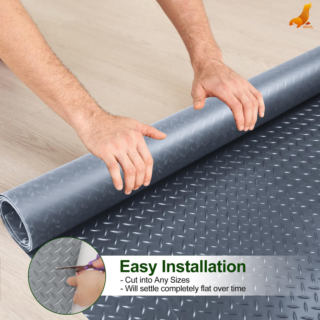 SEAL 4 x 6 FT Premium Garage Floor Mat, Solid 2.8mm Thick Lay-Flat Black Commercial Grade Heavy Duty Parking Mat for Golf Cart, Workbench, ATV, Water/Stain Resistant Runner (Embossed Diamond Plate)
