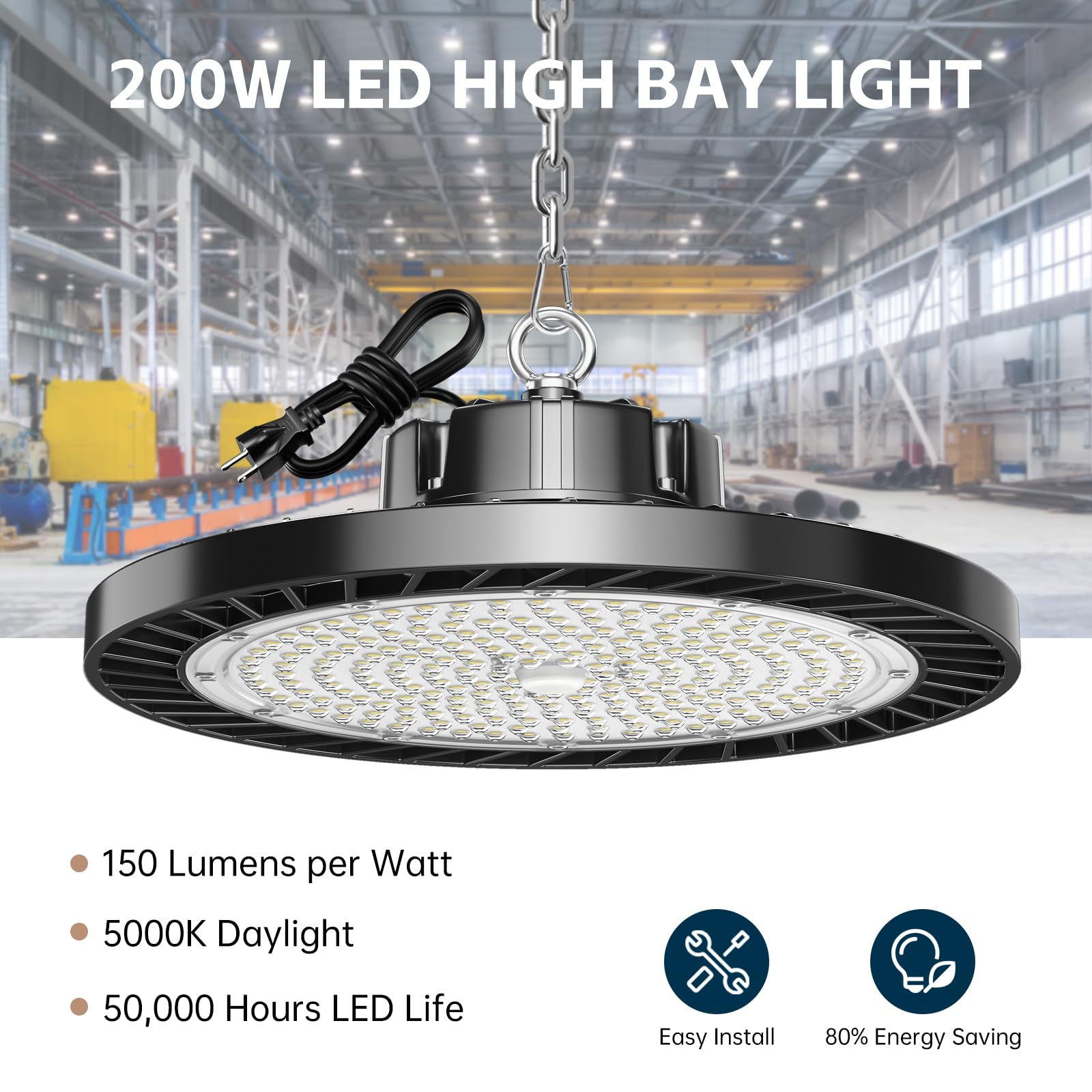 lvsdak UFO LED High Bay Lights 200W 30000LM 5000K 6 Pack with Plug Suitable for Warehouse Workshop Factory Gym Garage Barn AC100-277V