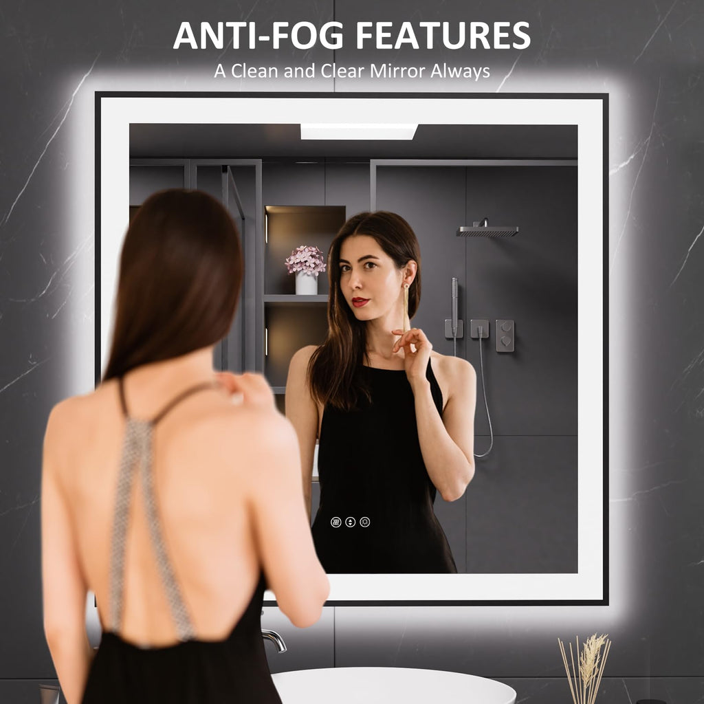 LOAAO 20"X28" LED Bathroom Mirror Black Framed | Anti-Fog, Dimmable, Memory Function, Tempered Glass, Lighted Vanity Mirror for Wall