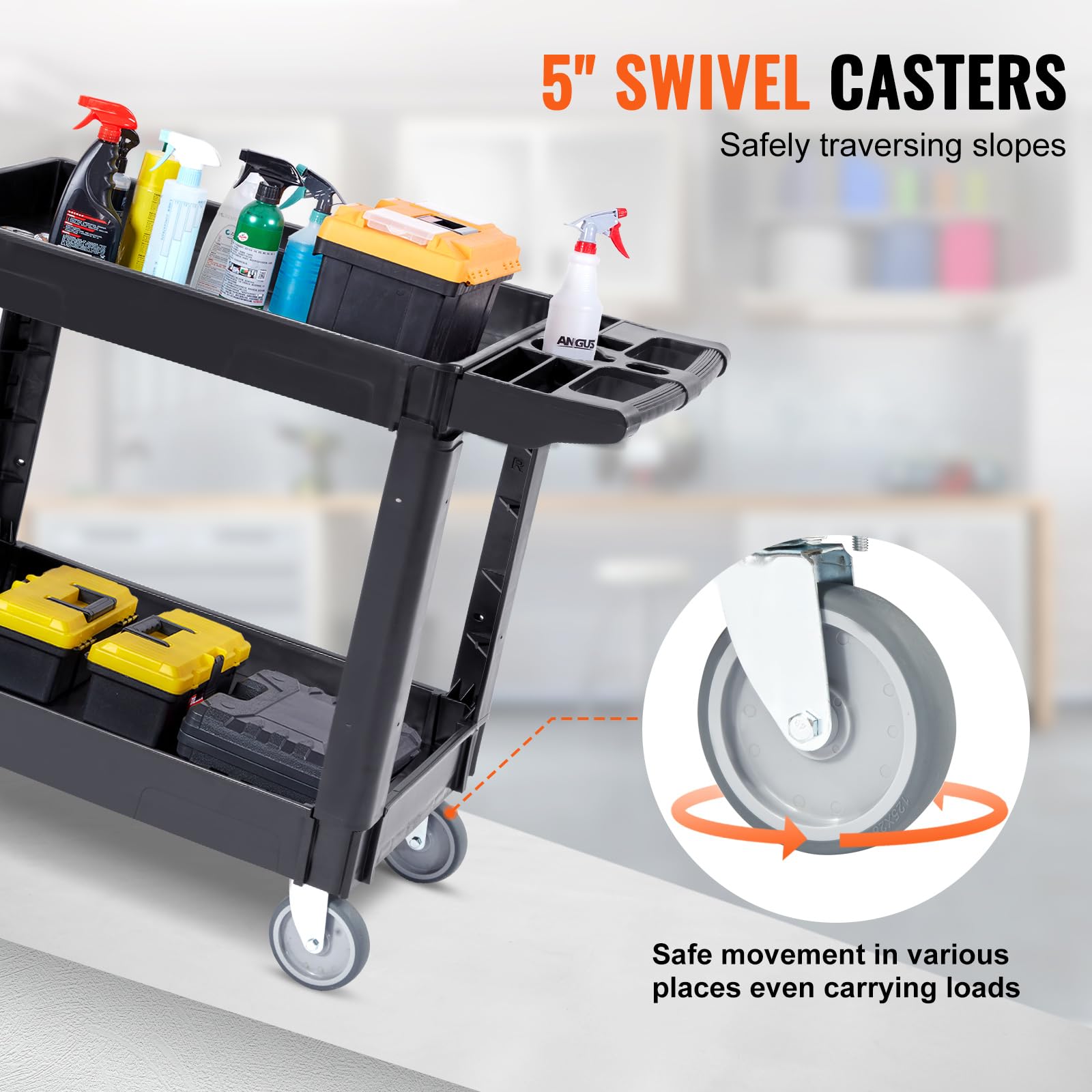 VEVOR Utility Service Cart, 2 Shelf 550LBS Heavy Duty Plastic Rolling Utility Cart, Medium Lipped Shelf, 360° Swivel Wheels, Ergonomic Storage Handle for Warehouse Garage, Black | Heavy Duty Rolling Cart with 360° Swivel Wheels, Medium Lipped Shelf, Ergon