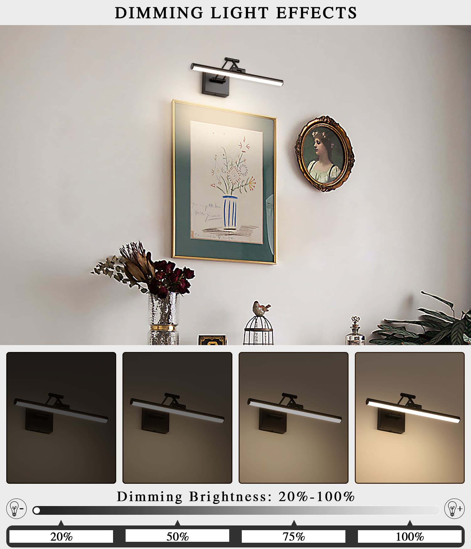 Joossnwell LED Picture Lights for Paintings Dimmable 15.5 Inch Long Hard-Wired Picture Frame Lights Brass Gallery Wall Light with Adjustable Swing Arm Art Display Lamps 7W 3000K Warm White