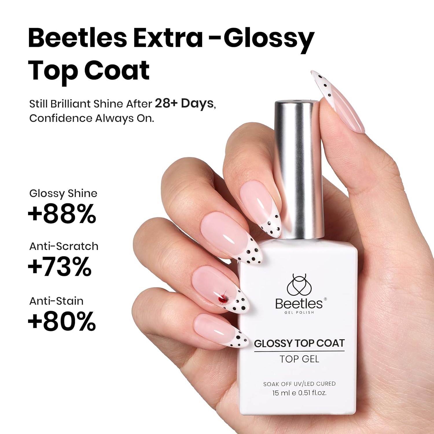 Beetles 2Pcs 15ml Gel Base and Top Coat Set - Upgrade No Wipe Extra Glossy Top Coat Finish for Gel Nail Polish, Soak Off UV/LED Lamp Needed, Essentials for Long-Lasting Manicure Kit