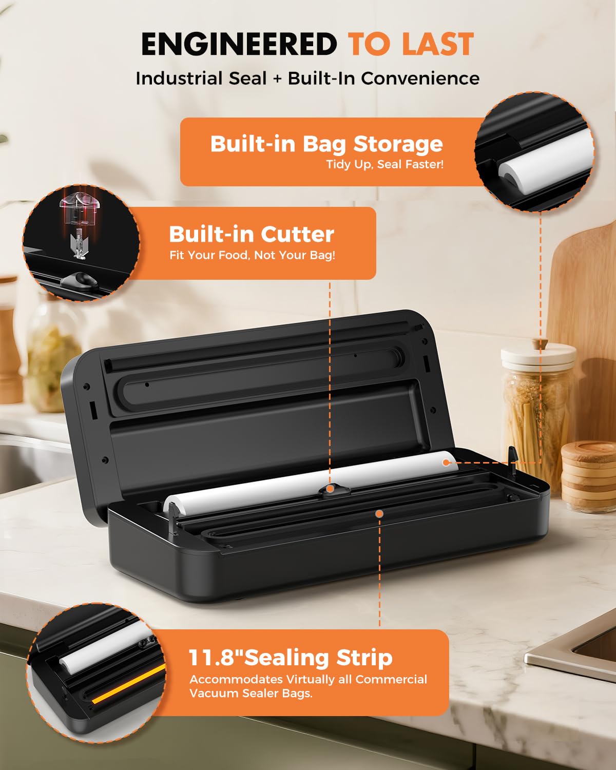 Vacuum Sealer for Food, 95kPa Food Vacuum Saver Sealer Machine, 12L/min 135W Fast-Sealing with Auto Tear-Cut,Digital Timer, Built-in Bag Storage, Cutter and One Bag Roll, 9-in-1 Compact Vacuum Sealer
